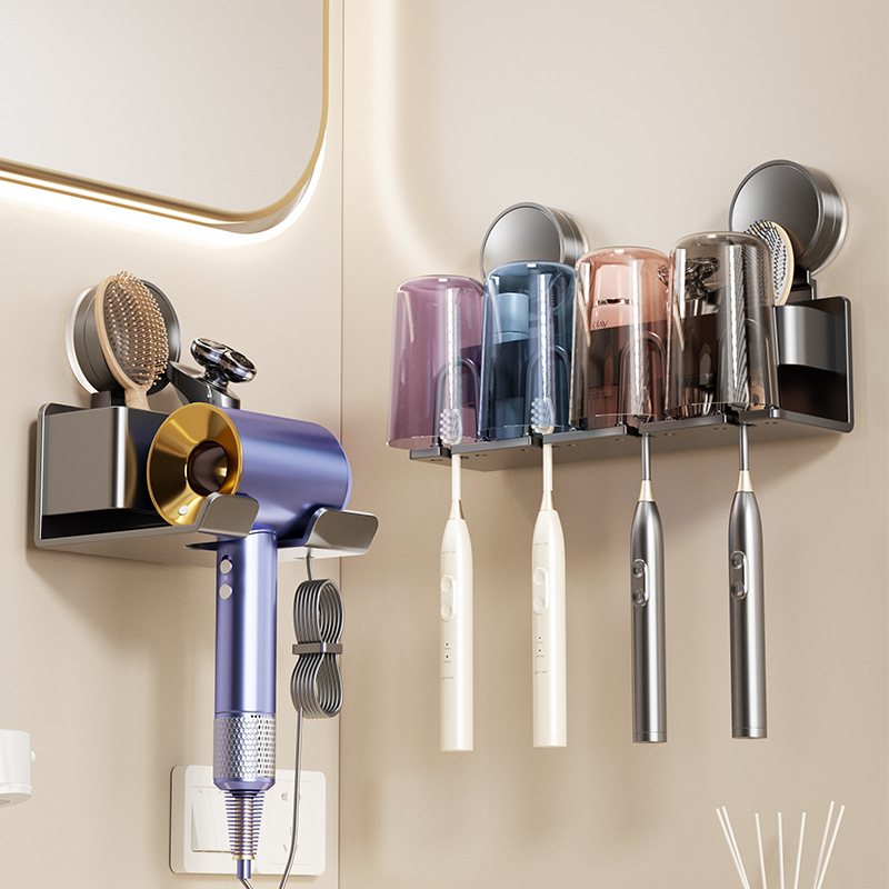 吸盘牙刷架免打孔太空牙刷洗手间置物架电动牙刷挂架壁挂铝漱口杯