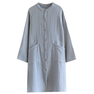 四层纯棉纱布睡裙女春秋简约纯色圆领宽松长袖睡衣全棉前扣家居服