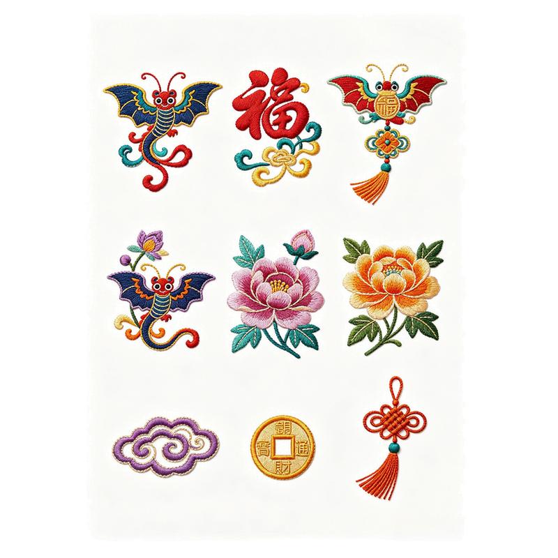 中国风刺绣花卉蝴蝶蝙蝠小鸟福字