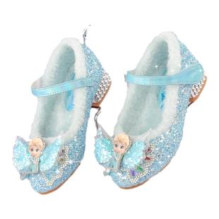 儿童高跟鞋小女孩毛绒鞋子艾莎公主鞋秋冬靴子女童配礼服冬季加绒