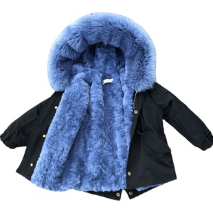 可拆卸儿童派克服女童冬季男童棉衣加厚加绒中长款仿皮草外套洋气