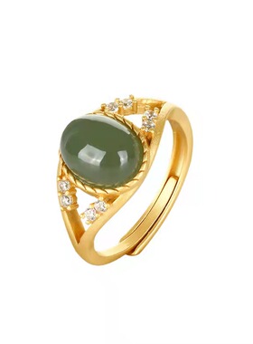 古风纯银镀金色设计感玉石戒指女