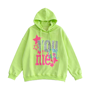荧光绿重工亮片连帽卫衣女 春季新款宽松帽衫 潮牌字母套头上衣