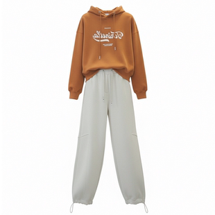 宽松连帽卫衣套装女春秋休闲风运动撞色穿搭阔腿束脚弯刀裤两件套
