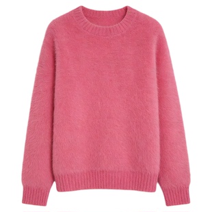 Basic House/百家好粉色100%羊毛加厚圆领毛衣女士冬季慵懒针织衫