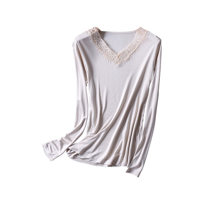 真丝v领长袖打底衫蕾丝桑蚕丝