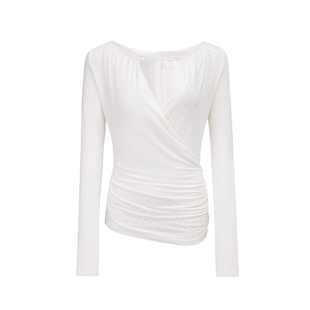 4muggle亮晶晶串珠交叉荡领长袖显瘦烫钻上衣女vtg气质辣妹打底女