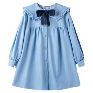 女童可爱甜美学院风蓝色连衣裙荷叶边裙子中大儿童宽松休闲衬衫裙