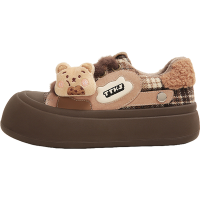 TTKJ红色加绒厚底鞋2025秋冬新款毛毛保暖棉鞋女板鞋百搭大头鞋子