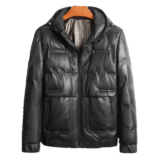 休闲时尚连帽修身短款真皮皮衣羽绒服男头层绵羊皮外套海宁皮夹克