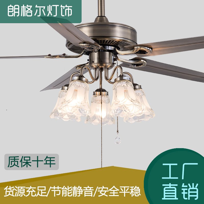 新款直销美式乡村吊扇灯 家用客厅卧室工业风吊扇铁叶木叶欧式复