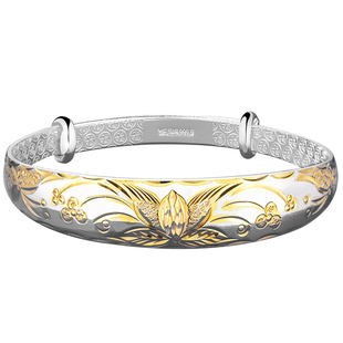 描金银手镯女9999纯实心款银饰镯子奶奶生日三八妇女节礼物送妈妈