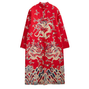 春秋季新款风男唐装龙纹加长款风衣外套休闲中式复古盘扣长衫