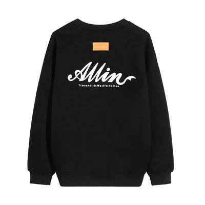 ALLIN 黑色重磅卫衣男春秋字母印花无帽圆领打底情侣美式潮牌上衣