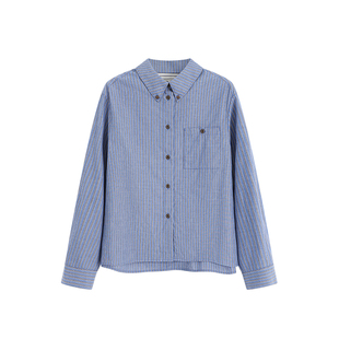 Bobbybecky赠领带/美式复古休闲时尚经典刺绣翻领全棉条纹衬衫棉