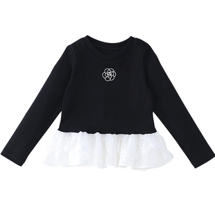 女童芭蕾风上衣春装2026新款儿童拼接花边长袖T恤女孩黑色打底衫