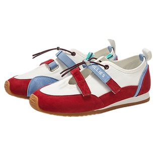 妙丽真皮松紧带红色德训鞋女2026春季新款魔术贴拼色复古轻便单鞋