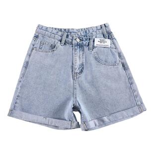 卷边牛仔短裤女款ins薄款夏季短款胖mm大码直筒休闲阔腿a字热裤子