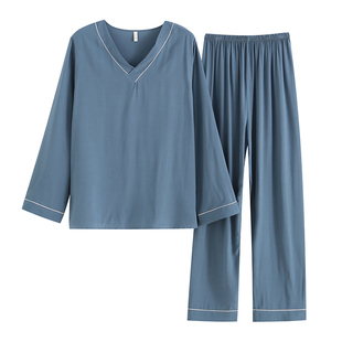 男士睡衣夏季棉绸套装薄款长袖中年爸爸绵绸青少年人造棉家居服