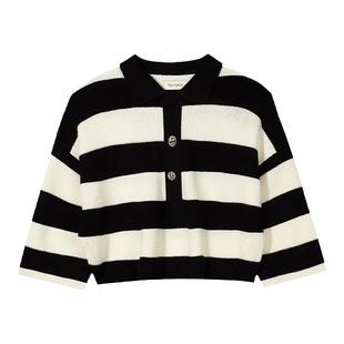 Boamarket Polo领黑白条纹毛衣女短款针织衫女秋季五分袖显瘦上衣