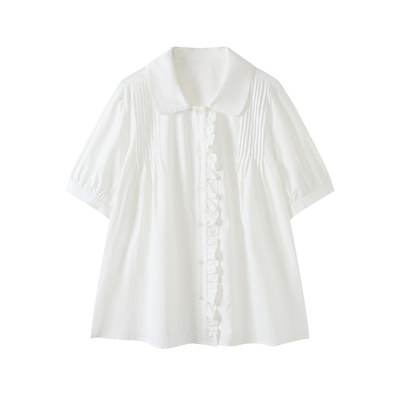荒荒家花边压褶短袖衬衫