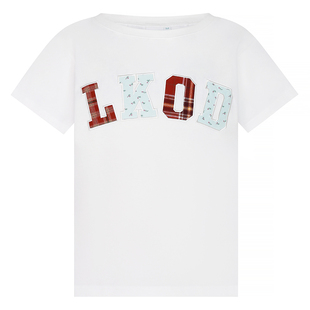 LK STORE LKOD2025夏季新款贴布格子碎花字母斜肩短袖女美式tee