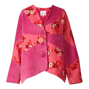 阁兰秀秋冬新品印花撞色拼接V领外套女中长款宽松含羊毛呢子外套