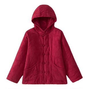 纯棉花女士棉衣女复古盘扣宽松加厚保暖棉袄新中式连帽棉服外套