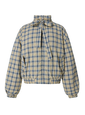 Uena蓝色格纹落肩袖立领棉服外套