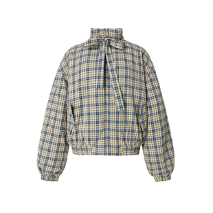 【挪威月色】Uena虞书欣同款蓝色格纹抽绳绑带落肩袖立领棉服外套