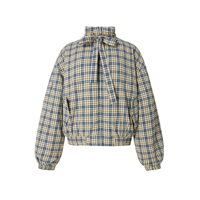 Uena蓝色格纹落肩袖立领棉服外套