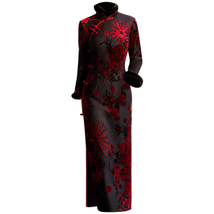 高端红色旗袍冬装加厚加绒2025新款中老年女妈妈装日常可穿有大码