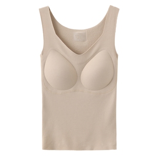 米图德绒云朵背心 自带胸垫加绒保暖发热打底上衣女修身无痕大V领