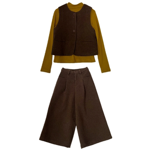小小家 小个子小码毛呢马甲阔腿裤+加绒半高领打底衫三件套装显瘦