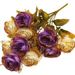 欧式金粉仿真花束餐桌假花客厅茶几婚庆装饰金叶玫瑰插花绢花摆件