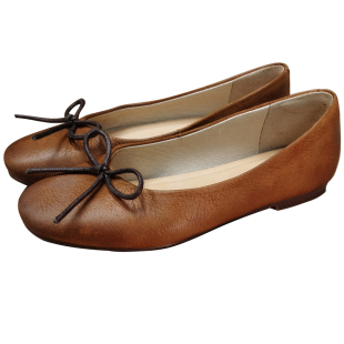 真皮芭蕾舞鞋圆头平底蝴蝶结复古擦色浅口单鞋深棕色做旧软底鞋女