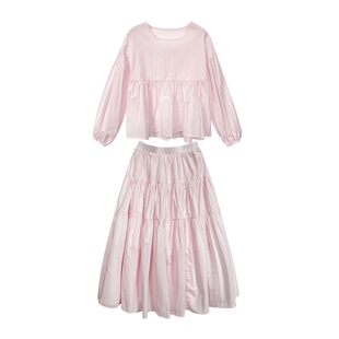 简约韩系甜美娃娃衫+半身裙伞裙宽松套装2026春季新款女款两件套