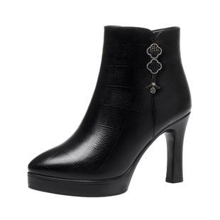 厚底防水高跟加绒皮靴时尚细跟百搭保暖短筒靴耐磨秋冬气质女靴子