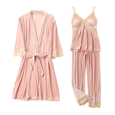 金丝绒睡衣三件套带胸垫吊带睡袍