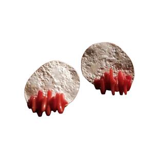 红色海竹 圆形耳钉耳夹 新年复古几何耳饰