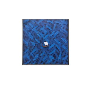 克莱因蓝大海立体小船客厅装饰画现代简约高级感大白墙艺术画挂画