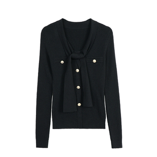 pusumede 温柔学姐 设计感v领系带针织衫女外穿修身气质长袖上衣