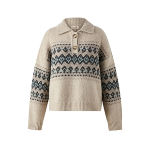 【绵羊毛】Eland衣恋毛衣女时尚翻领提花费尔岛针织衫2025冬新款