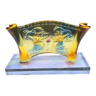 琉璃双龙戏珠摆件扇形丹书铁券高档家居客厅酒柜装饰品办公室摆设