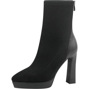 真皮尖头厚底粗跟短靴女2025秋冬季单靴防水台高跟弹力靴瘦瘦靴子