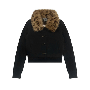 FDR官方店 可拆卸豹纹毛领拼接针织袖卫衣女春季牛角扣修身短外套