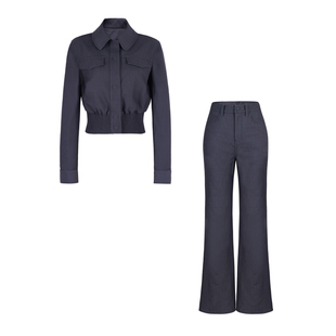 XULU原创挺括精纺干练利落深灰色翻领双口袋短款收腰夹克小外套