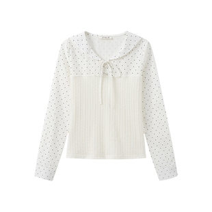 奶油的宇宙 波点绑带拼接海军领衬衫长袖女法式甜美修身内搭上衣