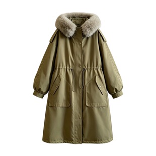 大毛领工装派克服女2026年冬季新款韩系长款过膝加绒加厚棉服外套