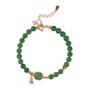 LEFTGO左戈天然和田碧玉手链女S925银镀18K金珐琅彩6mm圆珠手串